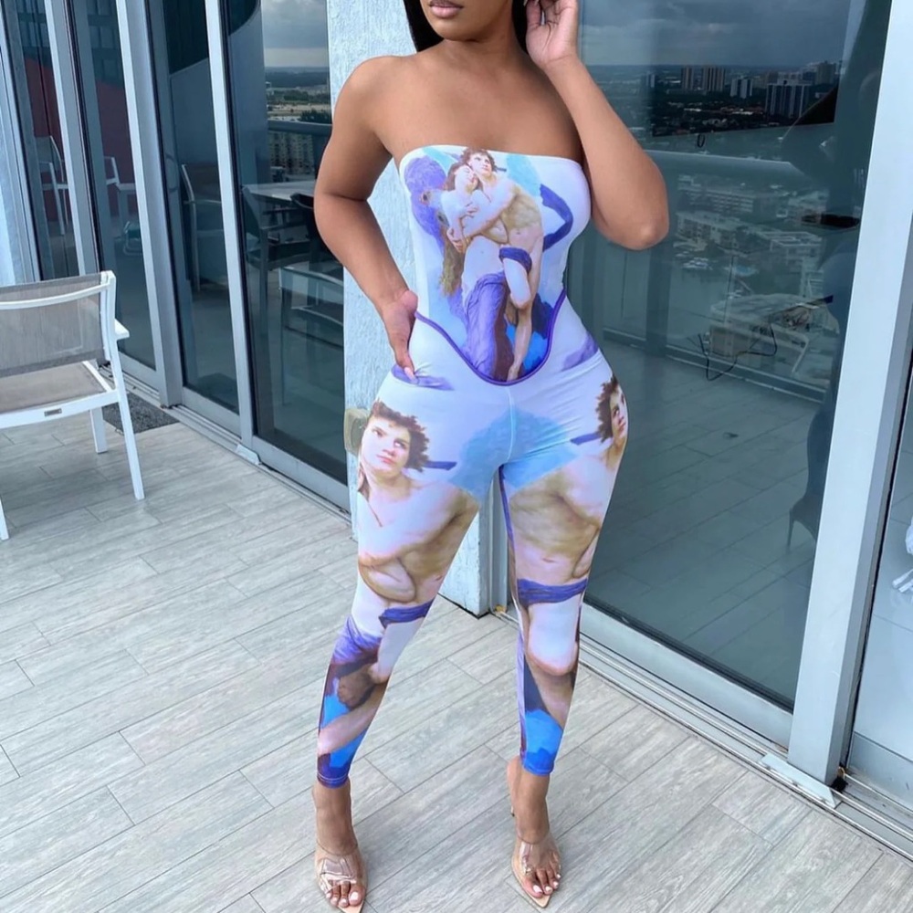 Strapless Printed Jumpsuit in Lavender Blue